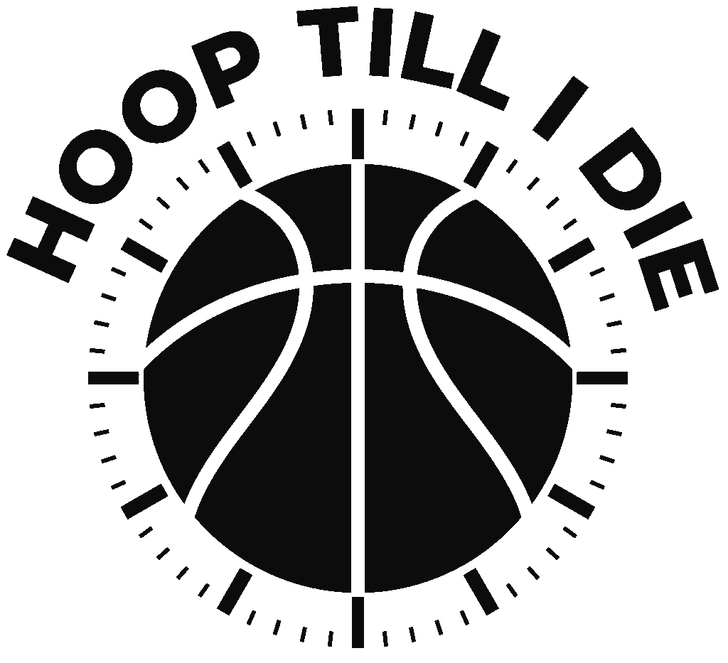 A basketball with the phrase 'Hoop Till I Die' encircling it.