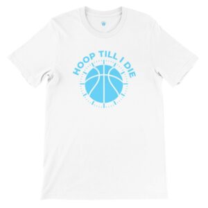 White t-shirt with a blue basketball graphic and 'HOOP TILL I DROP' text.