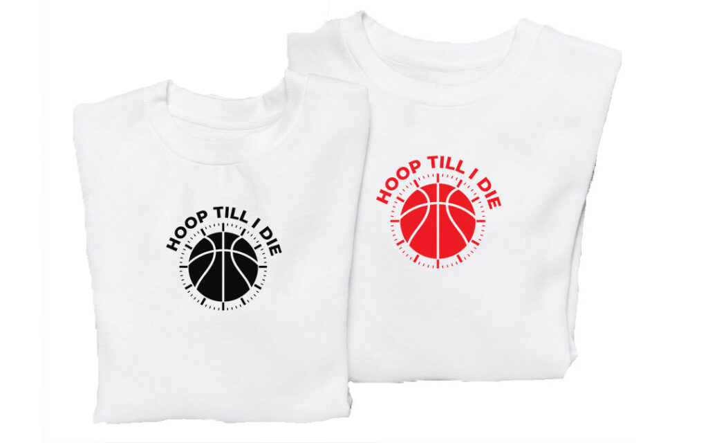 Two white t-shirts with basketball-themed designs and "Hoop Till I Die" text.
