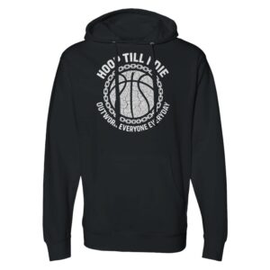 Black hoodie with a basketball graphic and motivational text.