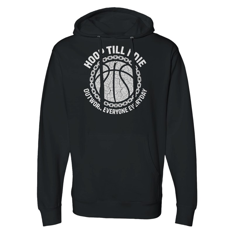 Black hoodie with a basketball graphic and motivational text.