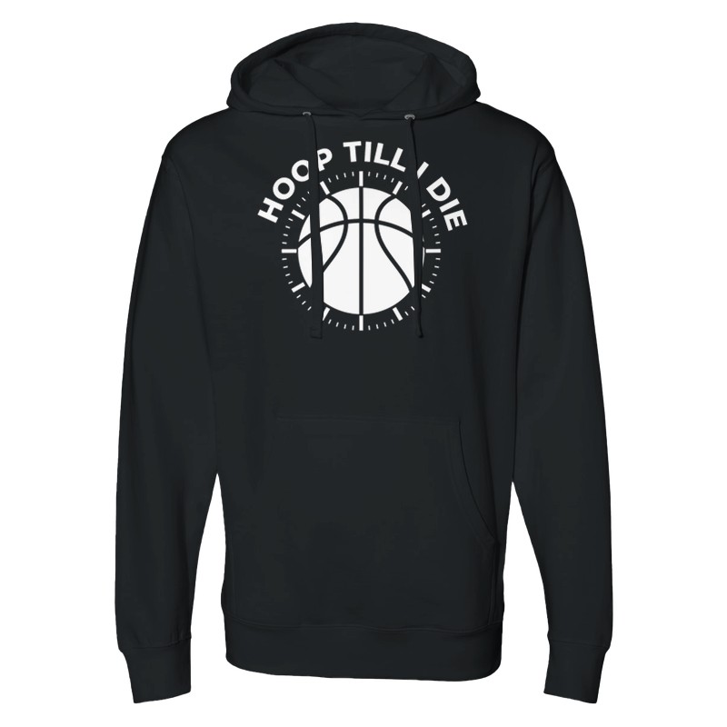 Black hoodie with a basketball and "HOOP TILL I DIE" text design.