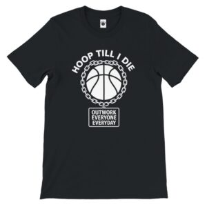 Black t-shirt with basketball and motivational text design.