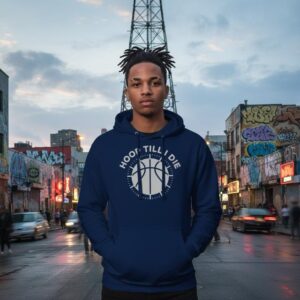 A man wearing a navy hoodie stands on a city street at dusk.
