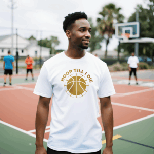 Man smiling on basketball court wearing a white t-shirt.