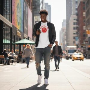 Man walking confidently on a busy city street wearing casual attire.