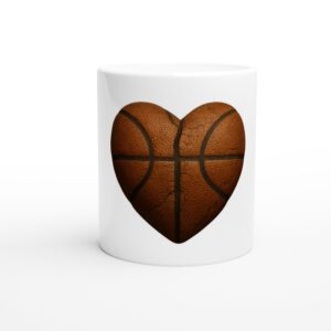 White mug with a heart-shaped basketball design.