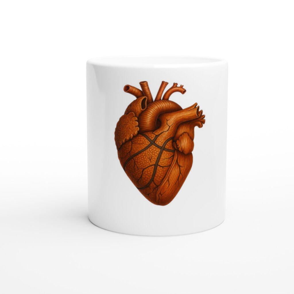 White mug with a detailed basketball-shaped heart illustration.